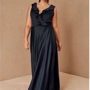 BHLDN Size 14 Tansy Satin Charmeuse Maxi Wrap Dress Black
